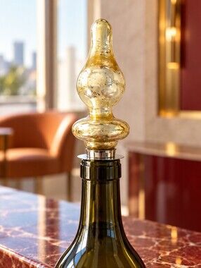 Pier 1 Gold Mercury Glass Wine Bottle Stopper Barware With Box 6.5"